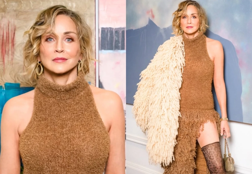 67-летняя Шэрон Стоун вышла в свет в платье с разрезом и чулках